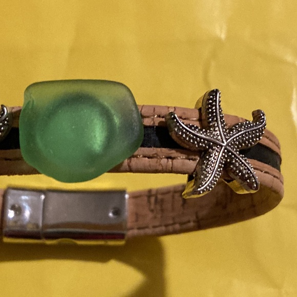 Handmade Cork Bracelet with Sea-Glass, Starfish Charms, magnetic Fasten, Size7 - Picture 3 of 6